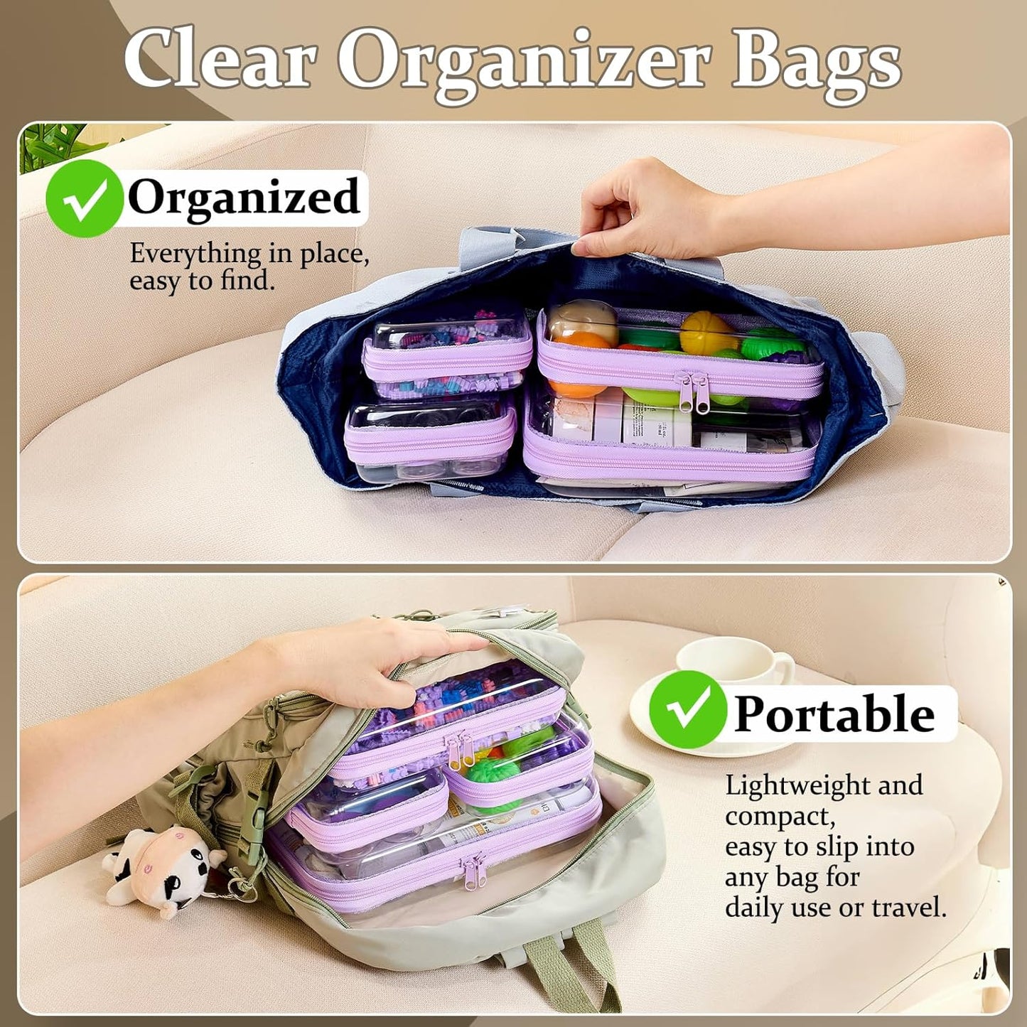 4 pcs Clear Zipper Pouches,Hard Shell Zipper Case, Toiletry Bag for Travel, CLear Diaper Bag, Toiletry Pouch, Travel Organizer, Cosmetic Bag,Toy Storage Bins (M+3S) (Lavender)