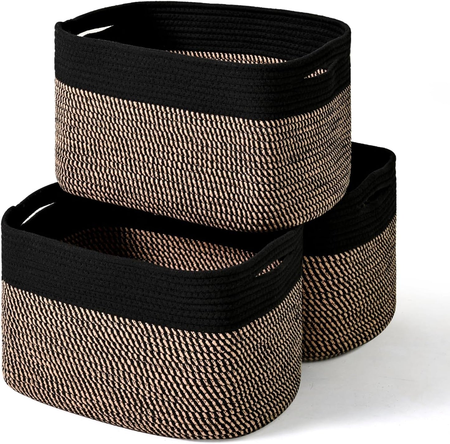 ICERZCZ Storage Baskets for Organizing Shelves, Toy Basket for Kid's Room, Woven Cotton Rope Basket for Decor, Organizing Baskets for Bedroom Living Room, 15"x11"x9.5", 3 Packs, Black & Jute
