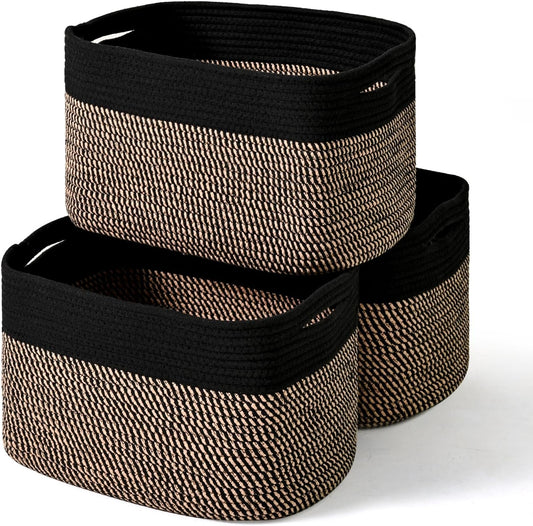 ICERZCZ Storage Baskets for Organizing Shelves, Toy Basket for Kid's Room, Woven Cotton Rope Basket for Decor, Organizing Baskets for Bedroom Living Room, 15"x11"x9.5", 3 Packs, Black & Jute