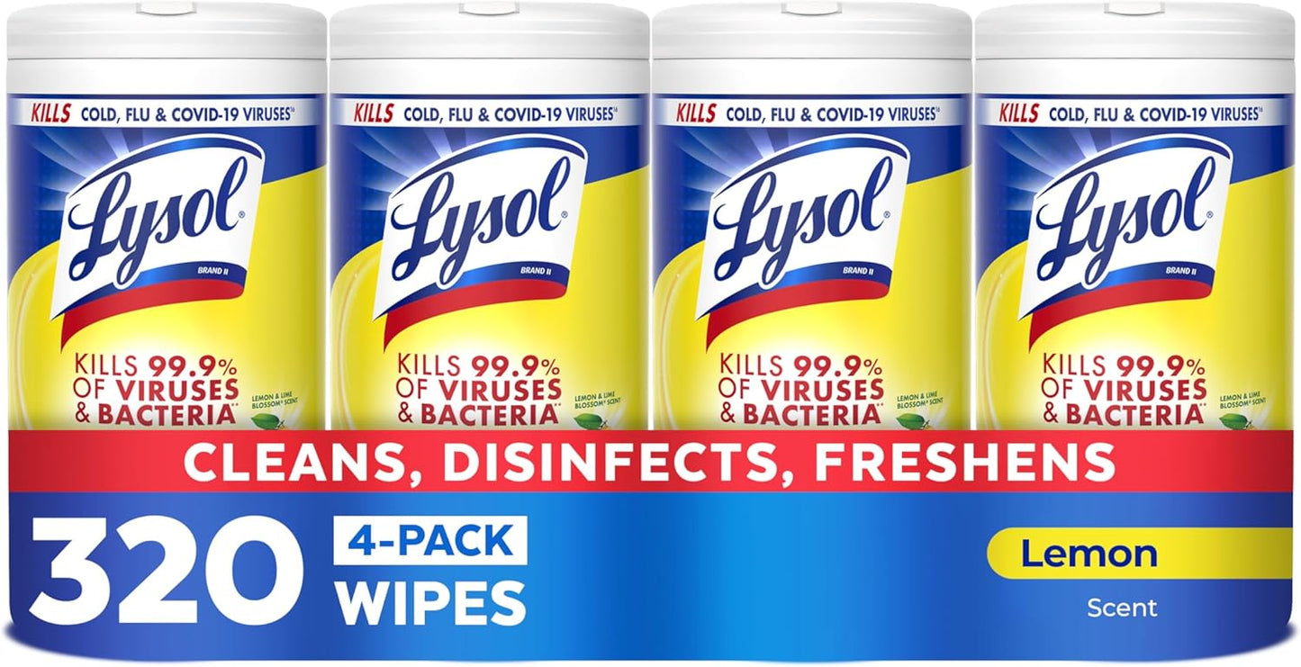 LYSOL Disinfecting Wipes, All Purpose Cleaner, Multi-Surface Antibacterial Cleaning Wipes, Household Cleaning Supplies, Dorm Essentials, Lemon & Lime Blossom Scent, 80 ct. (4 Pack)