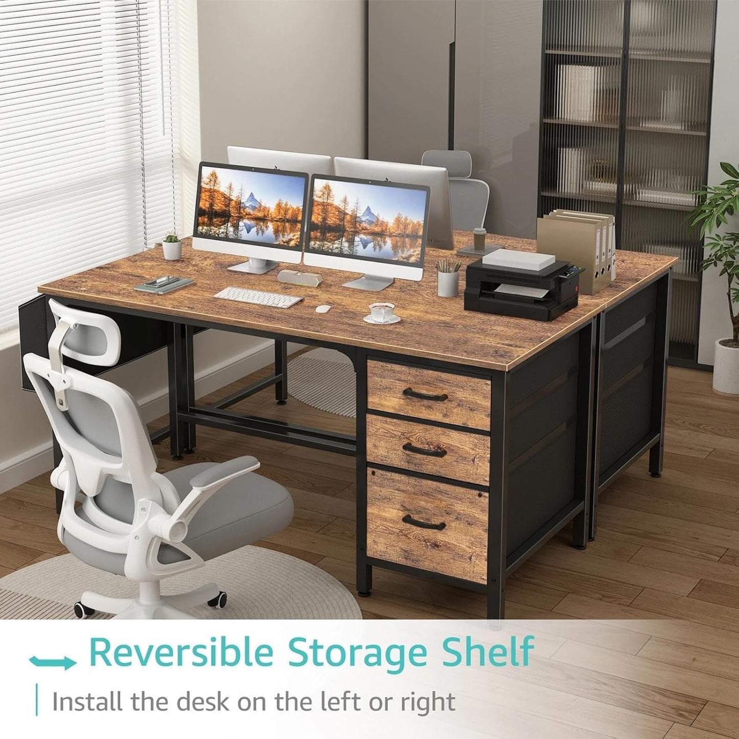 Lufeiya Computer Desk with Fabric File Drawers Cabinet, 55 Inch Reversible Home Office Desks with Filing Cabinet for Small Space, Study Writing Table PC Desks with Storage for Bedroom, Rustic Brown