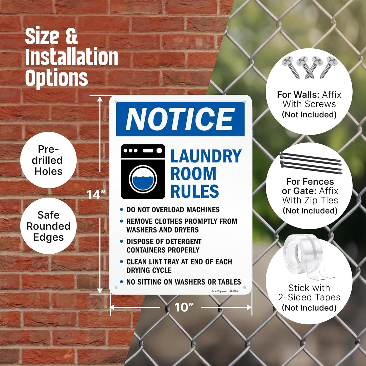 SmartSign Laundry Room Rules 'Notice - No Overload, Remove Clothes, Dispose Detergent, Clean Lint, No Sitting' Metal Sign, 14" x 10", 40 mil Laminated Aluminum, Blue/Black/White, USA-Made