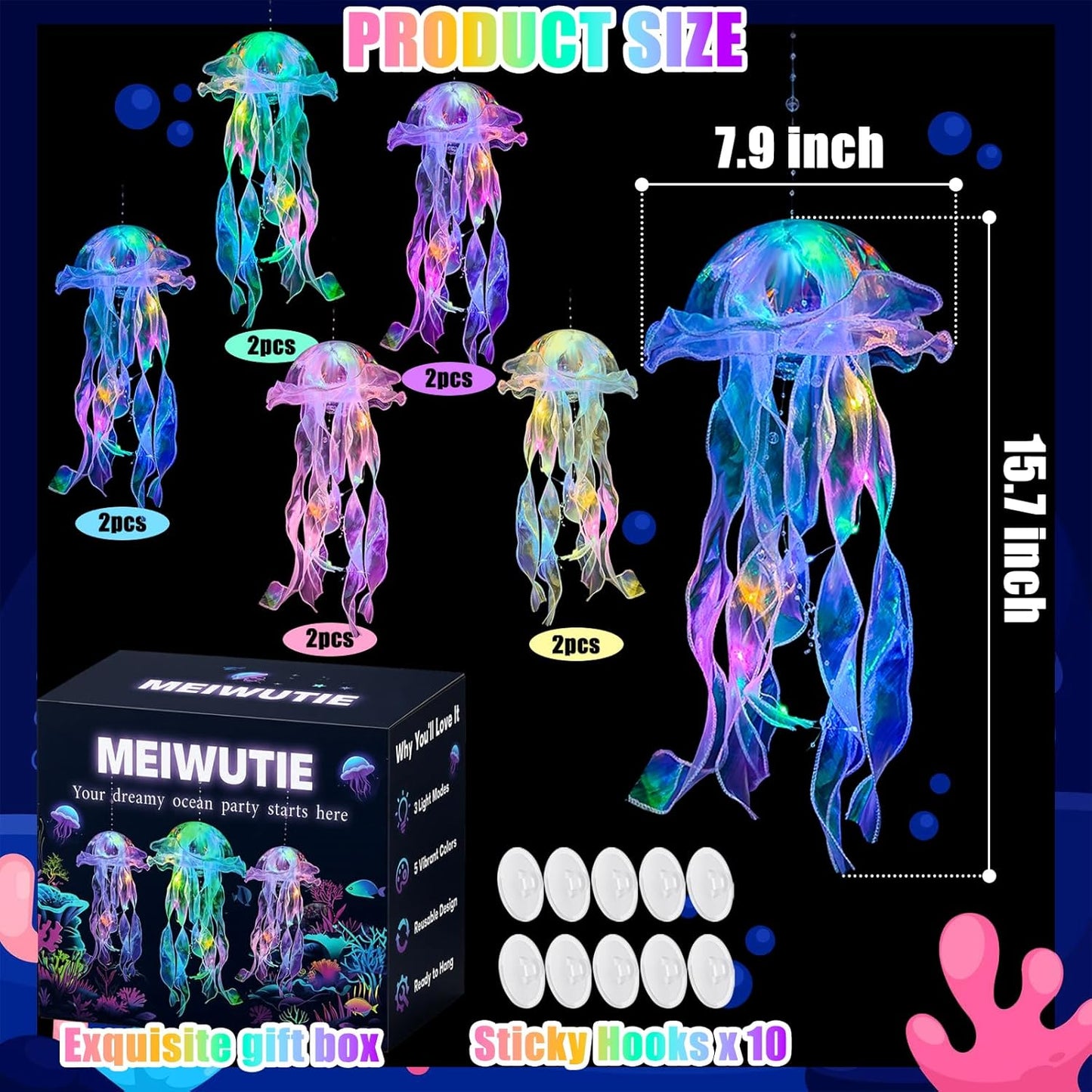 Jellyfish Decor - 10 Pcs Light Up Jellyfish Lanterns, Hanging Jelly Fish Decorations for Mermaid Birthday Decorations & Under The Sea Party Decorations, Ocean Themed Supplies Gifts
