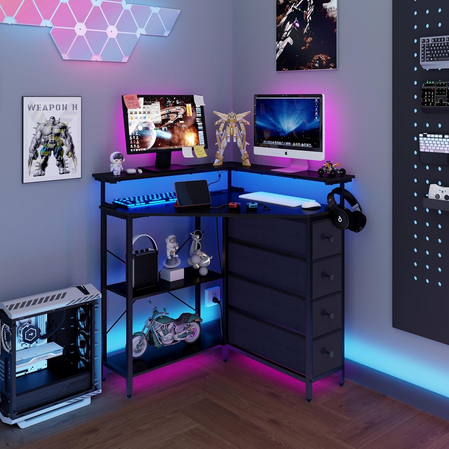 VENNQD Corner Desk with Drawers Shelves for Small Space 90 Degrees Triangle Computer Desk with Power Outlets,Gaming Desk with LED Lights Monitor Stand for Home Office Workstation Writing Table (Black)