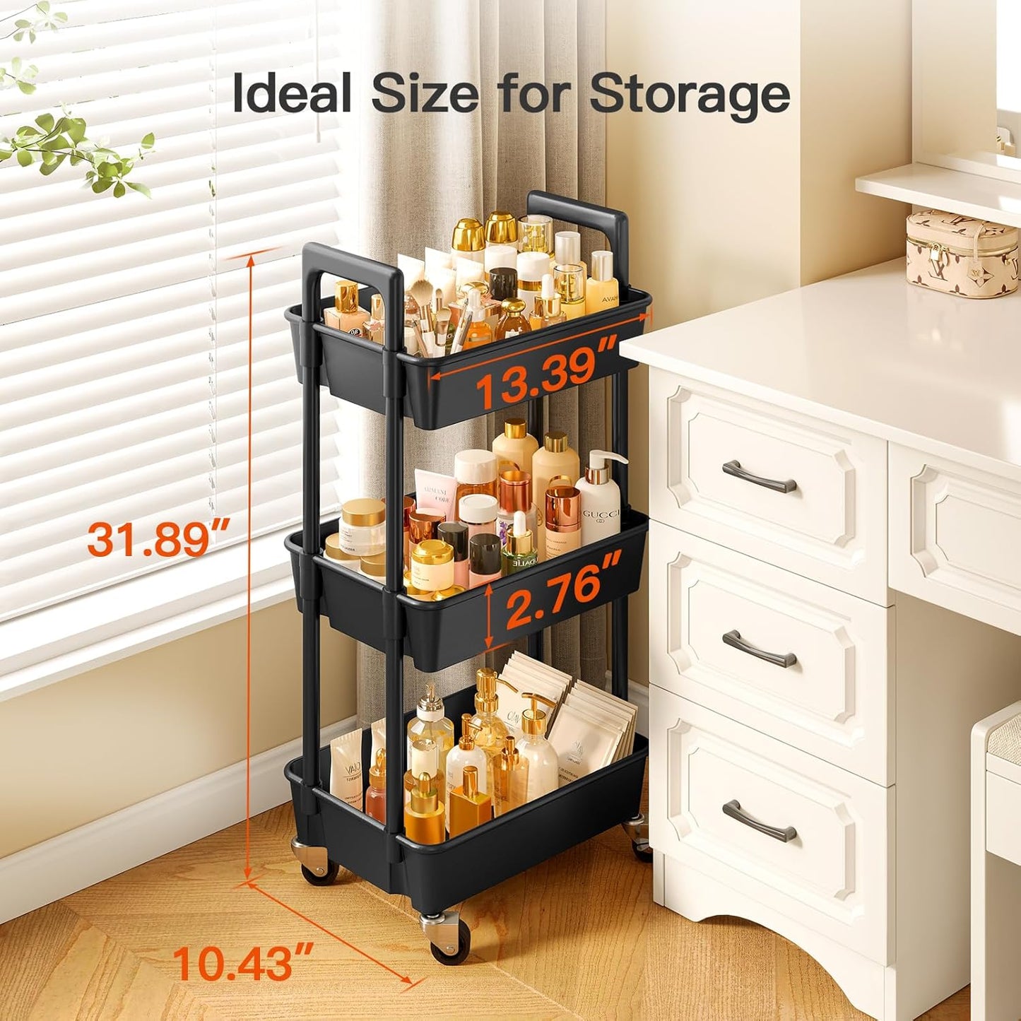 Pipishell 3 Tier Rolling Cart Organizer, Plastic Rolling Cart with Lockable Wheels & Reinforced Handle, Lightweight Utility Storage Cart for Nursery, Kitchen, Craft Room, Black
