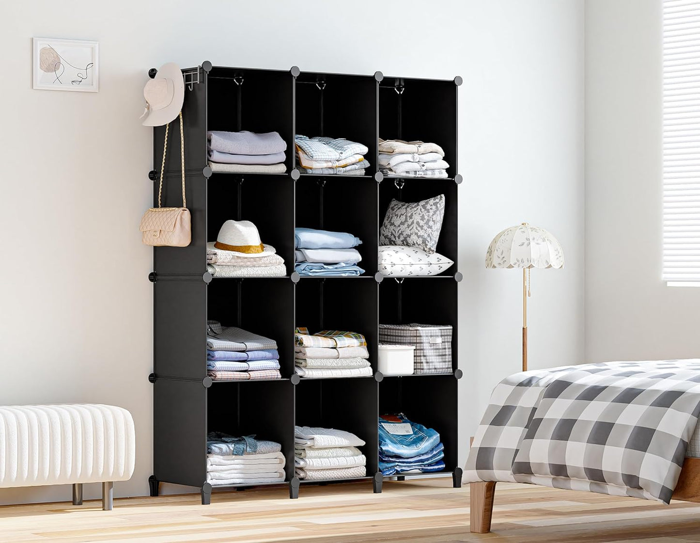 Closet Organizers and Storage, 12 Cube Storage Organizer, Portable Closet Organization Clothes Shelves for Kids, Closet, Bedroom, Bathroom, Office, Black