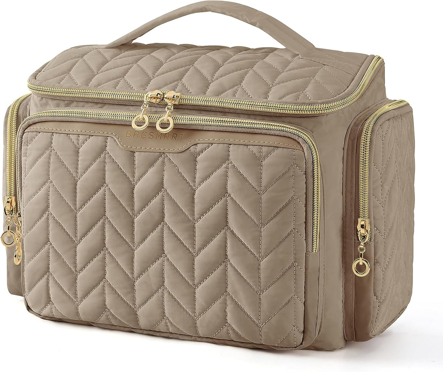 BAGSMART Travel Toiletry Bag, Large Wide-open Travel Bag for Toiletries, Makeup Cosmetic Travel Bag with Handle-Camel