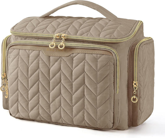BAGSMART Travel Toiletry Bag, Large Wide-open Travel Bag for Toiletries, Makeup Cosmetic Travel Bag with Handle-Camel