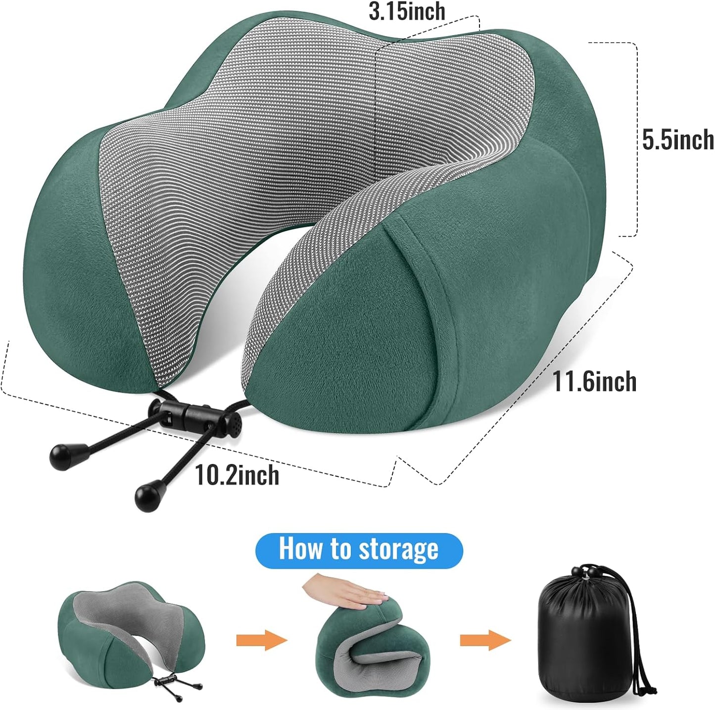 CloudBliss Travel Pillow for Airplane, Set of 2 Memory Foam Neck Pillow for Travel, Travel Neck Pillow for Long Flight, Car & Office, Trip Accessories with Eye Mask, Earplugs, Carry Bag, Black & Green
