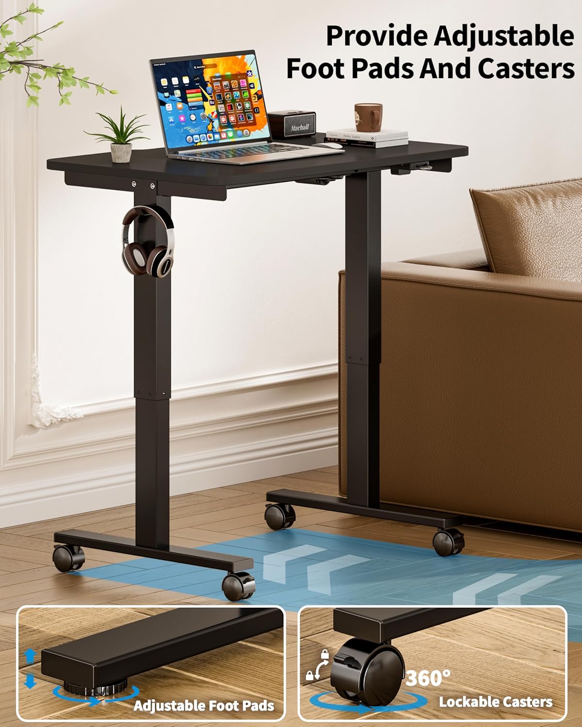 Okin Electric Standing Desk 31.5x19.7 Inches Small Computer Desk-Whole Piece Stand up Desk with Wheels Gaming Rolling Home Office Desks, Black