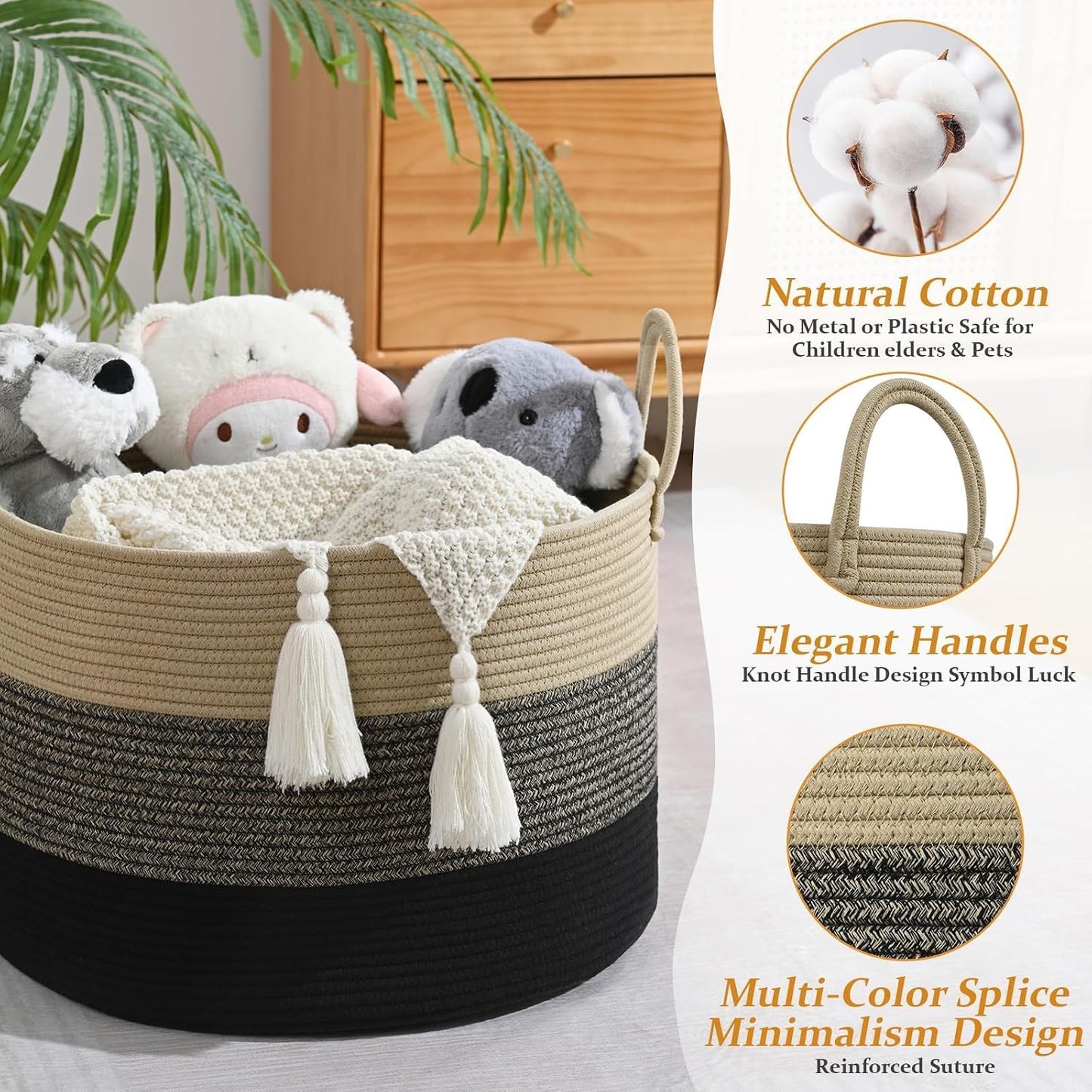 67L Large Woven Blanket Basket, Cotton Rope Baby Laundry Hamper with Handles, Kids Toy Basket for Classroom & Nursery, Soft Round Stuffed Animal Storage, Dog Toy Bin - 20"x13", Black & Brown