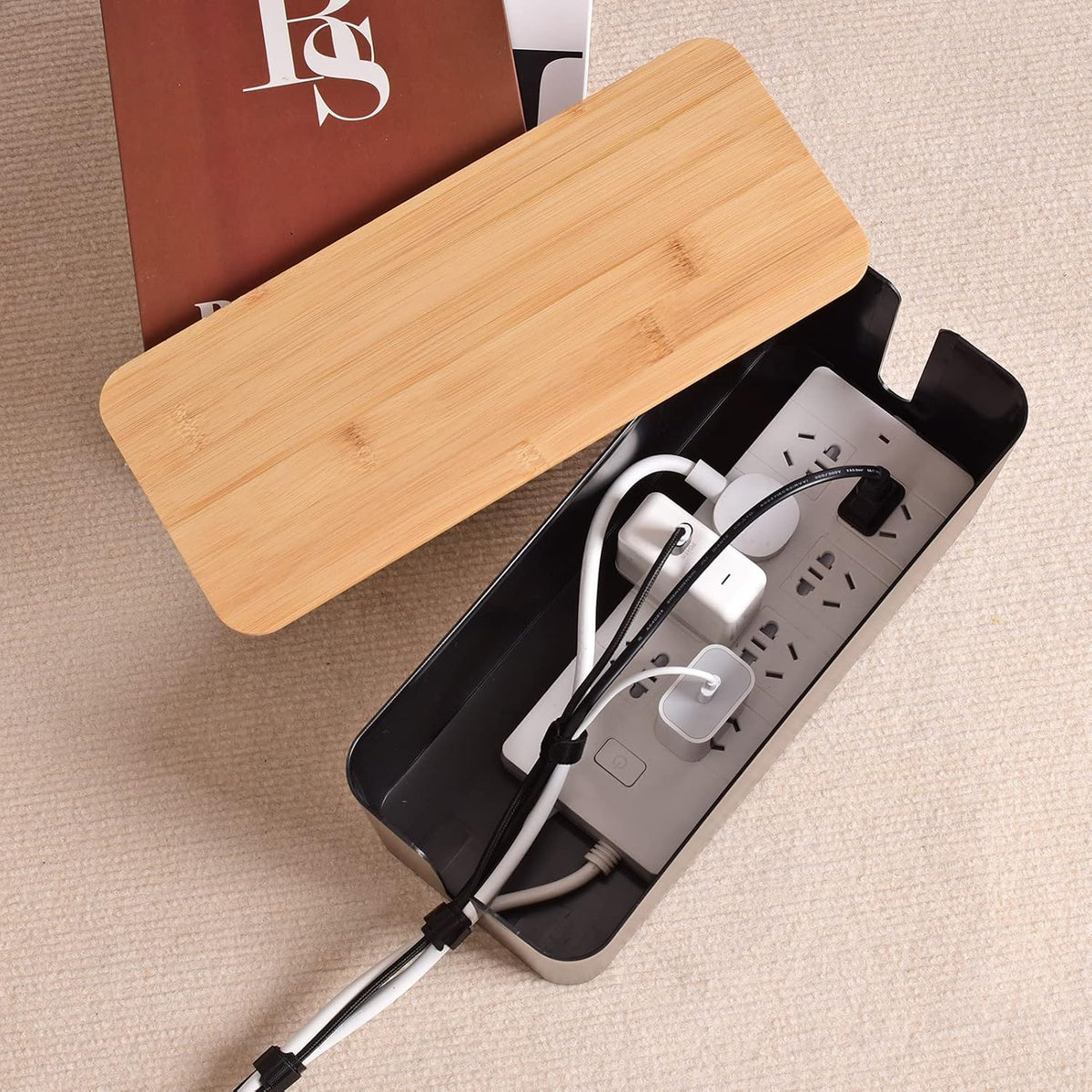 Tuwechen Cable Management Box, Wooden Style Cord Organizer Box