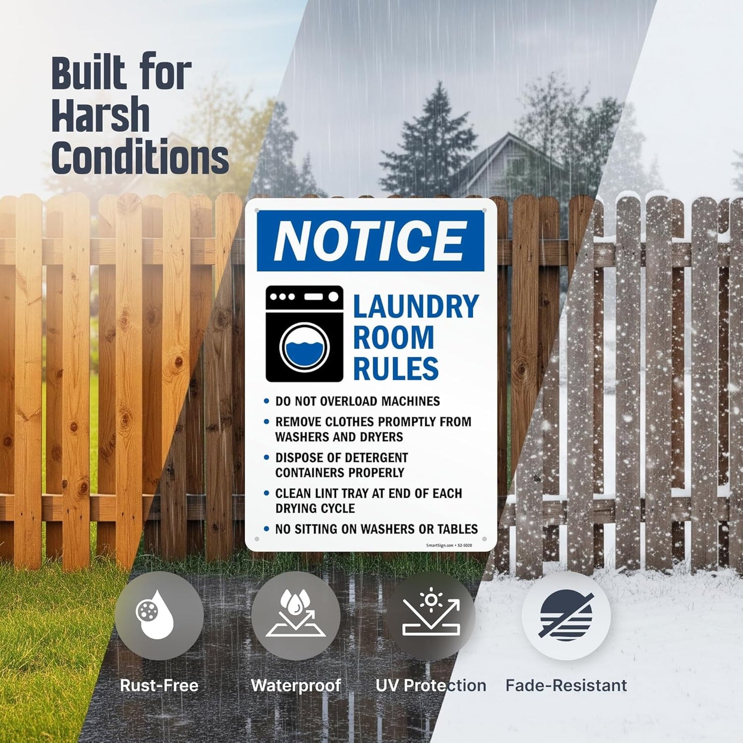 SmartSign Laundry Room Rules 'Notice - No Overload, Remove Clothes, Dispose Detergent, Clean Lint, No Sitting' Metal Sign, 14" x 10", 40 mil Laminated Aluminum, Blue/Black/White, USA-Made