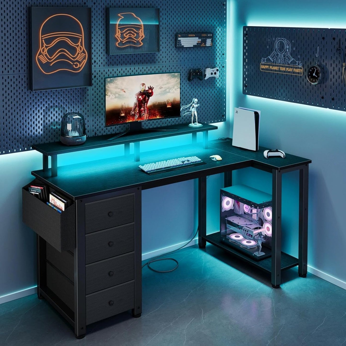 Lufeiya Black L Shaped Desk with Led Lights and Power Outlets, 47 Inch Writing Study Computer Gaming Desks with Fabric Drawers for Bedroom, Home Office Corner Desk with Monitor Stand Shelves, Black