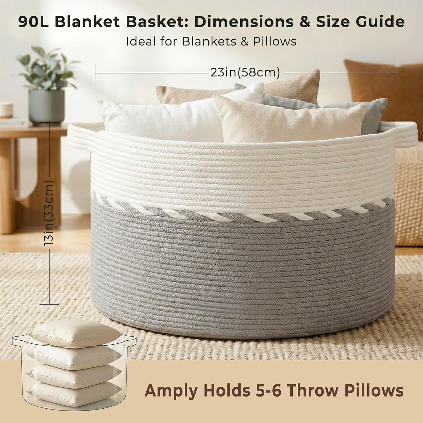 OIAHOMY 90L Extra Large Blanket Basket - Decorative Cotton Rope Storage Basket for Bedroom, Living Room & Nursery - Woven Laundry Hamper for Organizing Blankets, Clothes & Toys - Grey & White