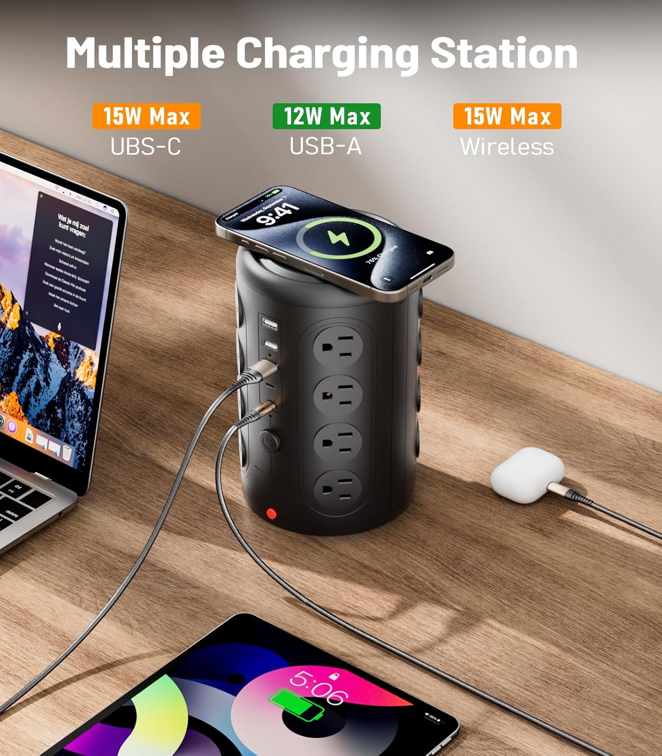 Power Strip Tower, TenTrend 16 Outlets and 5 USB Ports (2 USB-C), 2000 Joules Charging Station, 6FT Flat Plug Extension Cord for Home Office Dorm Room Essentials, Black