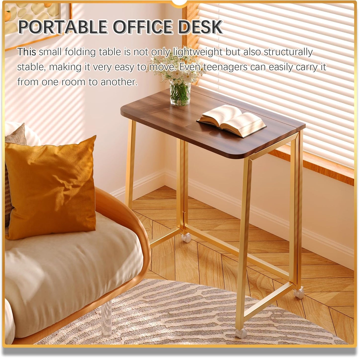 4NM 23.6" Mobile Small Folding Desk, Foldable Rolling Computer Home Office Desk, Study Writing Table for Small Space Saving Bedroom, with Wheels - Brown and Gold