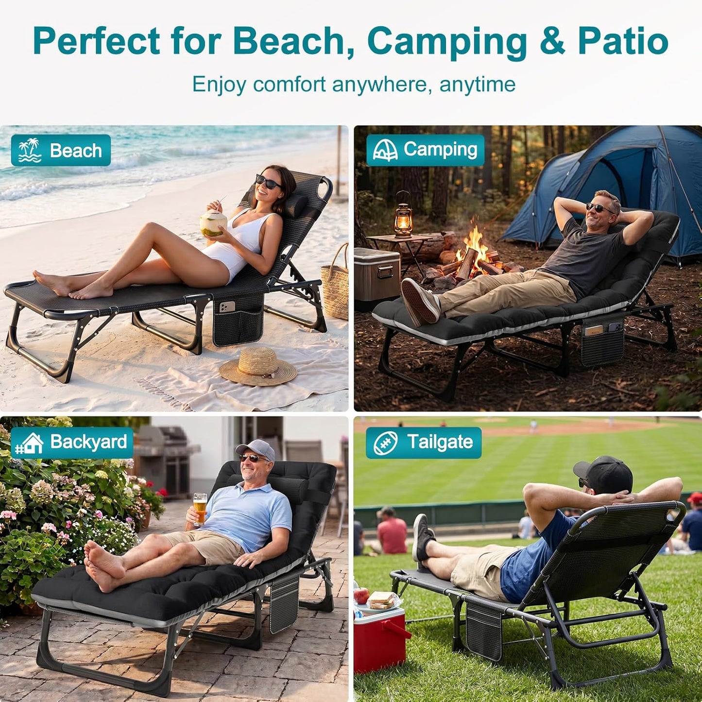ABORON Heavy Duty Tanning Chair,Outdoor 5-Position Folding Chaise Lounge Chair with Pad,Portable Beach Lounge Chair for Outdoor Sunbathing Patio Pool Lawn Deck Poolside