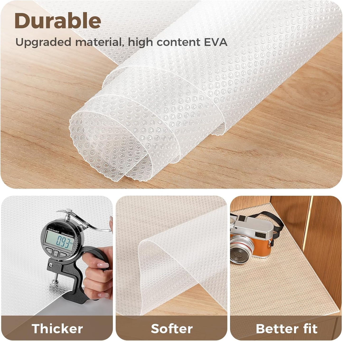 100% EVA Shelf Liner for Kitchen Cabinet, 12" x 240" Drawer Liners Non Adhesive Non Slip Waterproof Plastic Paper, Dresser Pantry Bathroom Refrigerator Protector, Clear