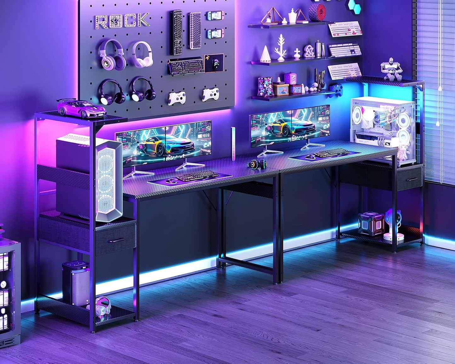 Casaottima 54'' Gaming Desk with LED Lights & CPU Stand, Reversible Computer Desk with Storage Shelves & Fabric Drawer, Modern PC Gamer Table with Headphone Hook, Carbon Fiber Black