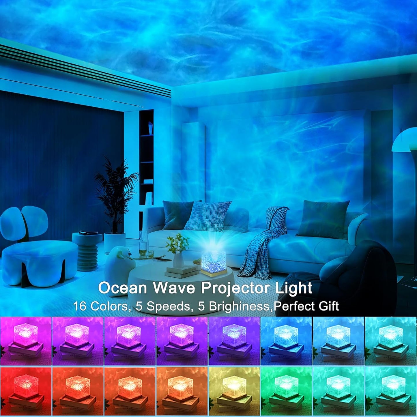 Ocean Wave Projector Light, 16 Colors Havie Cube Lamp, 3D Holographic Water Ripple Lamp with Remote Control, Northern Night Light for Bedroom, Mood Ambient Lighting for Home