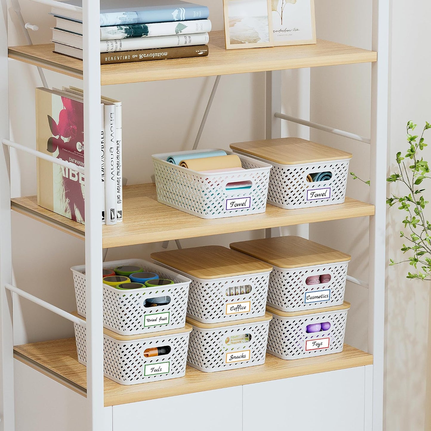 Anysig 8 Pack Plastic Storage Bins with Bamboo Lids, 5.2 QT Stackable Bins