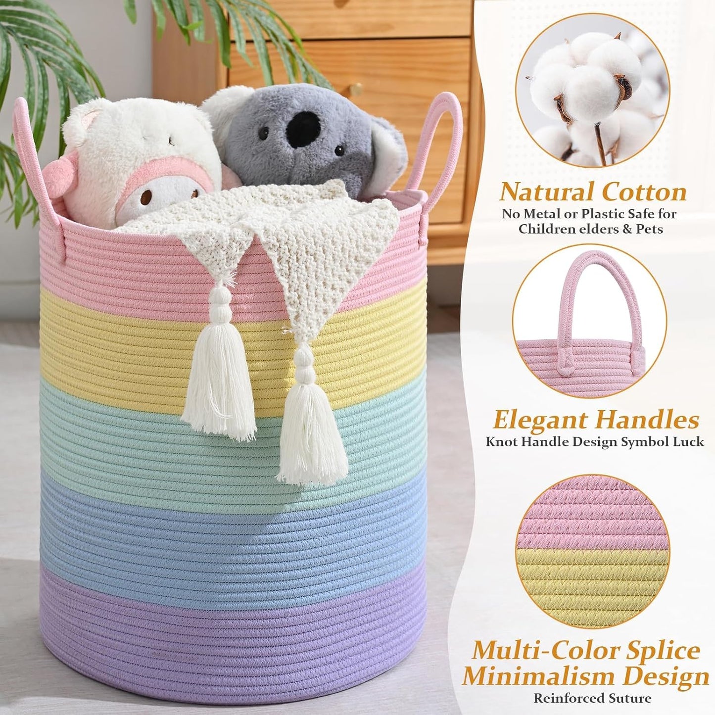 Laundry Hamper for Organizing, 52L Large Laundry Baskets, Cotton Rope Woven Blanket Basket, Collapsible Laundry Hamper for Living Room, Nursery, 15"×18", Light Rainbow