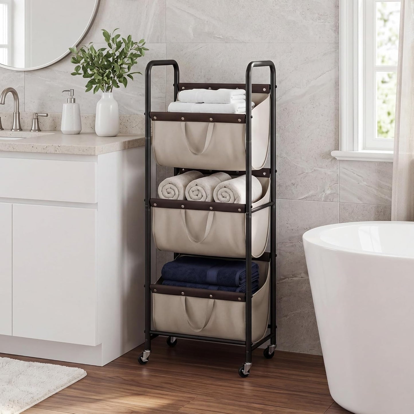 GRANNY SAYS 3 Section Tiered Laundry Sorter, Slim Vertical Laundry Hamper with Wheels, Narrow Rolling Laundry Cart with Removable Bags for Laundry Room, Bathroom, Closet, Dorm, Light Khaki