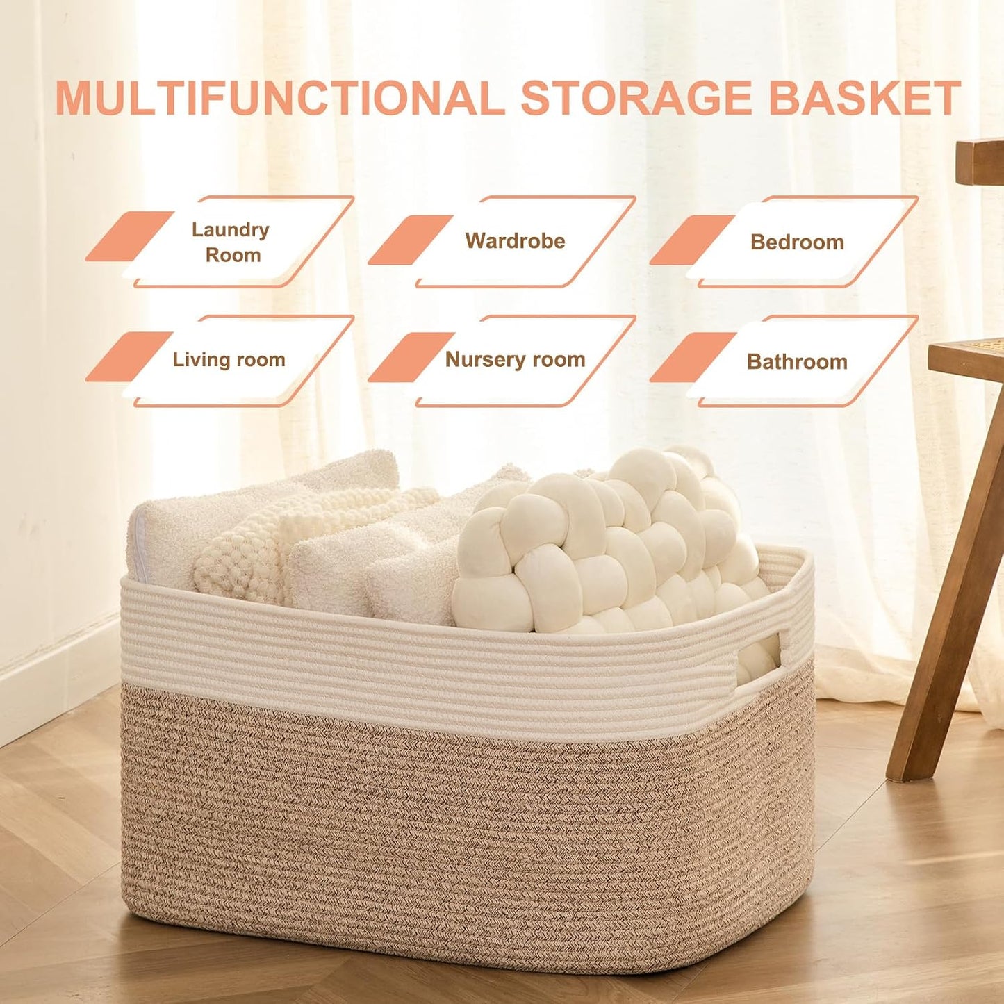 75L Large Cotton Rope Basket, Soft Toy Storage Bin for Nursery & Living Room, Decorative Blanket Basket for Bedroom, Baby-Safe Organizer for Pillows &Laundry, 22''×17''×12'', Brown and White