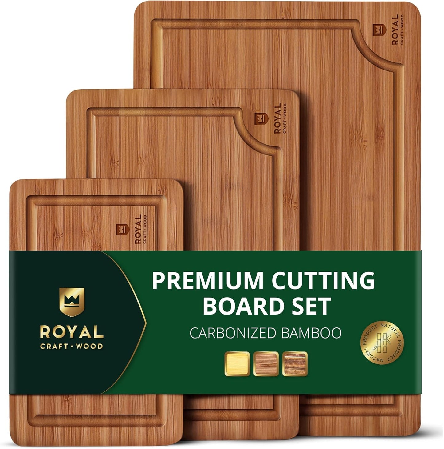 ROYAL CRAFT WOOD Wooden Cutting Boards for Kitchen Meal Prep & Serving - Non Toxic Bamboo Wood Cutting Board Set with Deep Juice Groove Side Handles - Charcuterie & Chopping Butcher Block for Meat