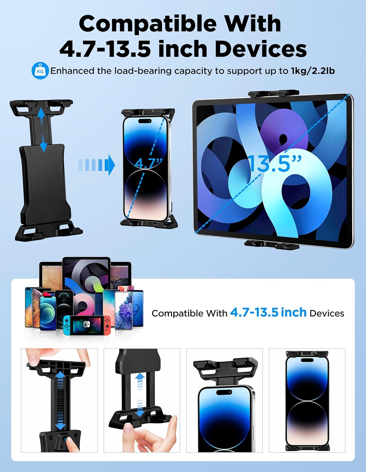 Tablet Holder for Mic Stand with Power Bank Clip - Adjustable iPad/iPhone Mount for Music Stand, Compatible with Screen Devices from 4.7-13.5" Smartphones, Android - Outdoor Streaming & Recording