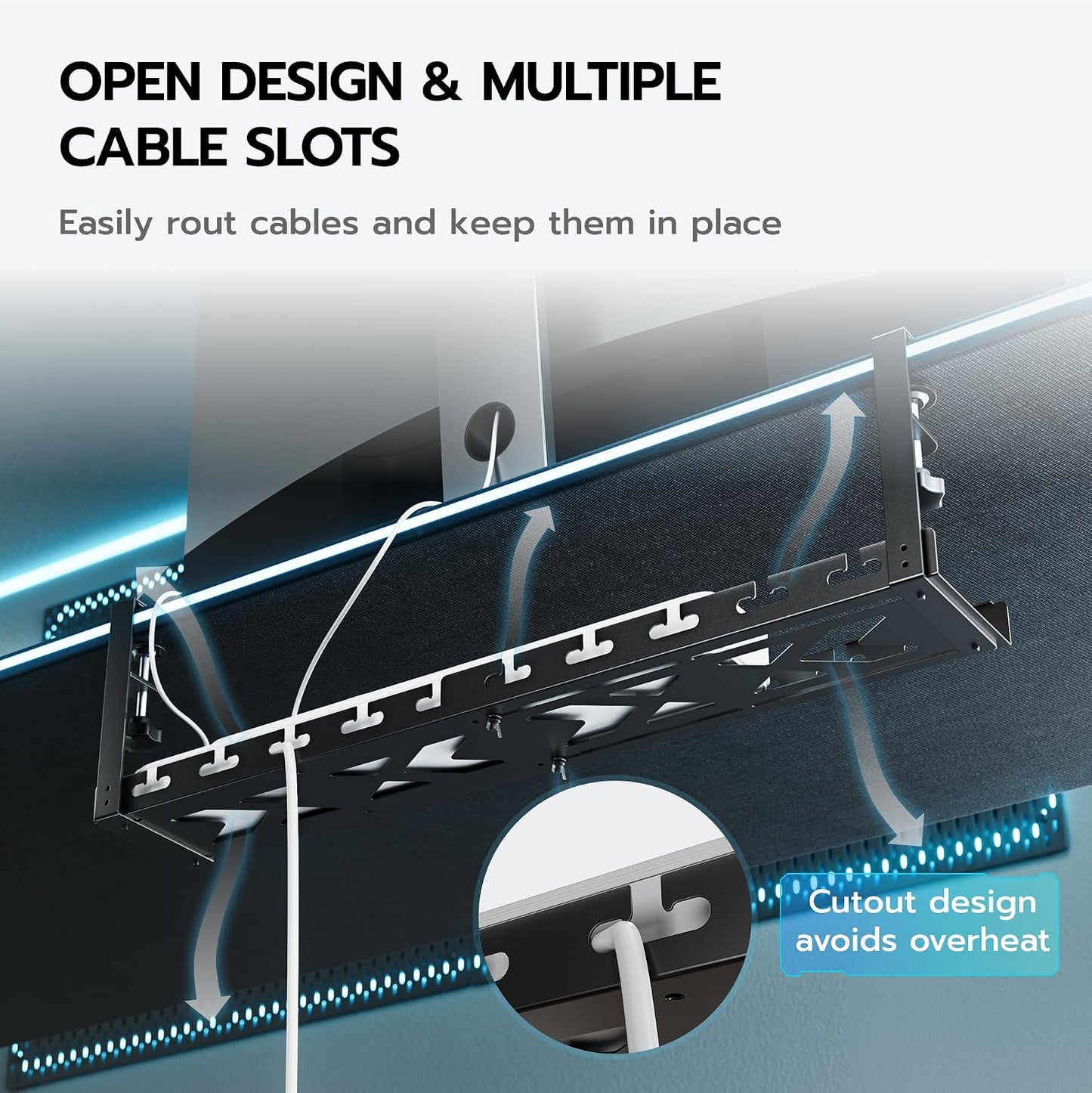 ARES WING 17"-28.7" Extendable Under Desk Cable Management Tray, No-Drill | Clamp-on Metal Cord Organizer with Cable Slots, Holds up to 11 lbs Desk Storage for Office and Gaming Accessories, Black