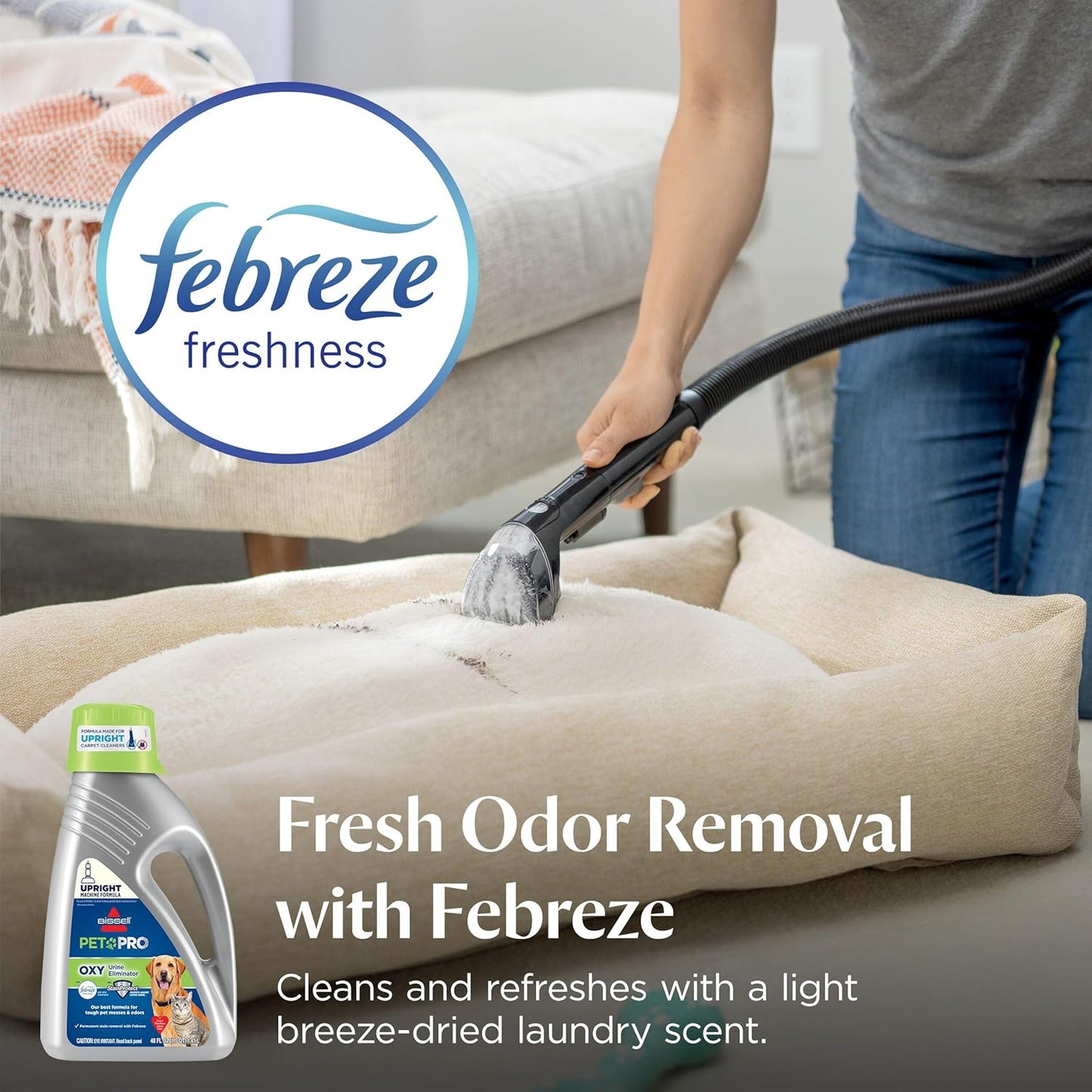 Bissell PET PRO OXY Urine Eliminator with Febreze Carpet Deep Clean Solution, with StainProtect Technology, for use in leading upright carpet cleaners, 48oz, Our best formula for pet messes & odors