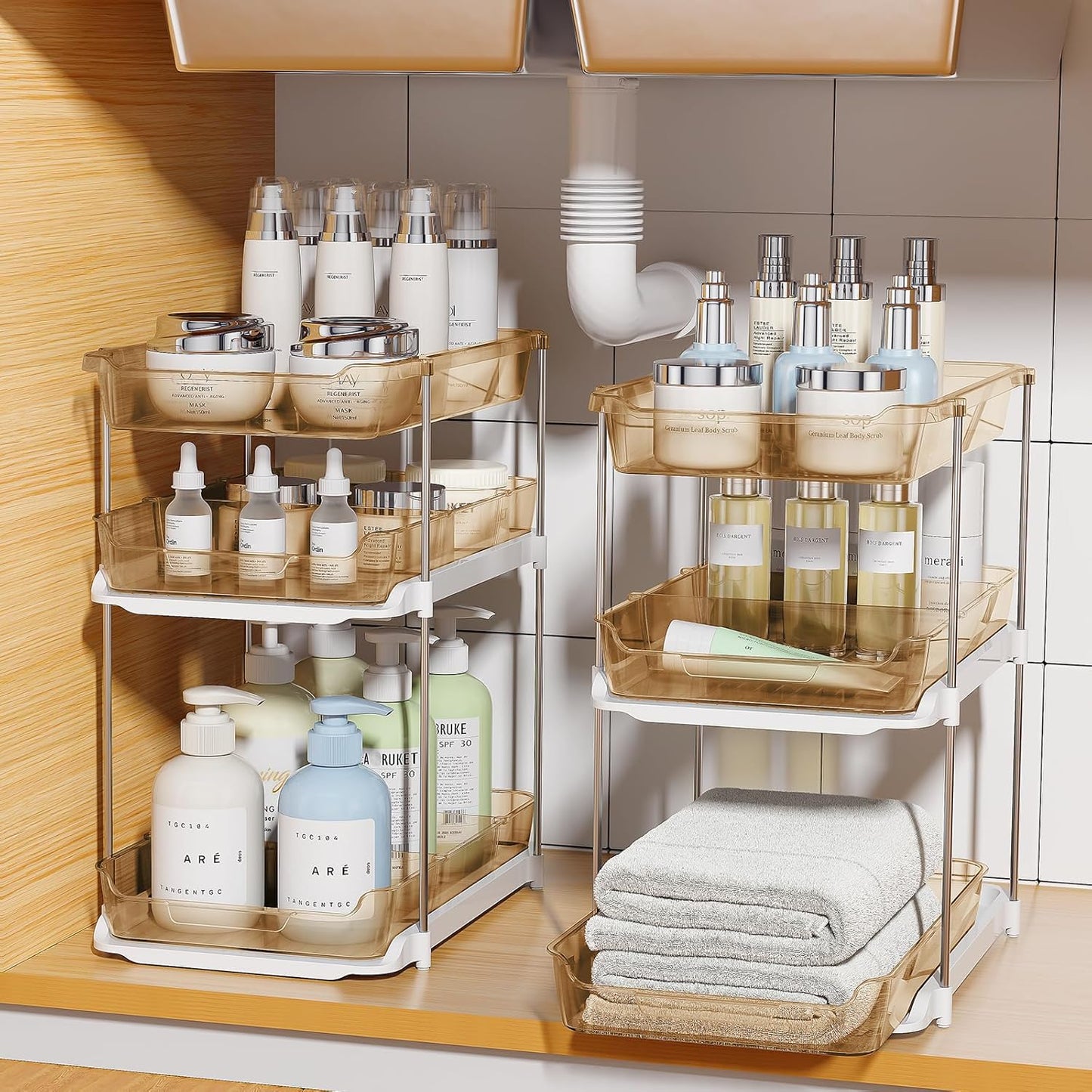 Delamu 2 Pack 3-Tier Bathroom Under Sink Organizers and Storage, Multi-Purpose Stackable Pantry Organization and Storage, Pull Out Clear Kitchen Bathroom Cabinet Organizer with Movable Dividers, Amber