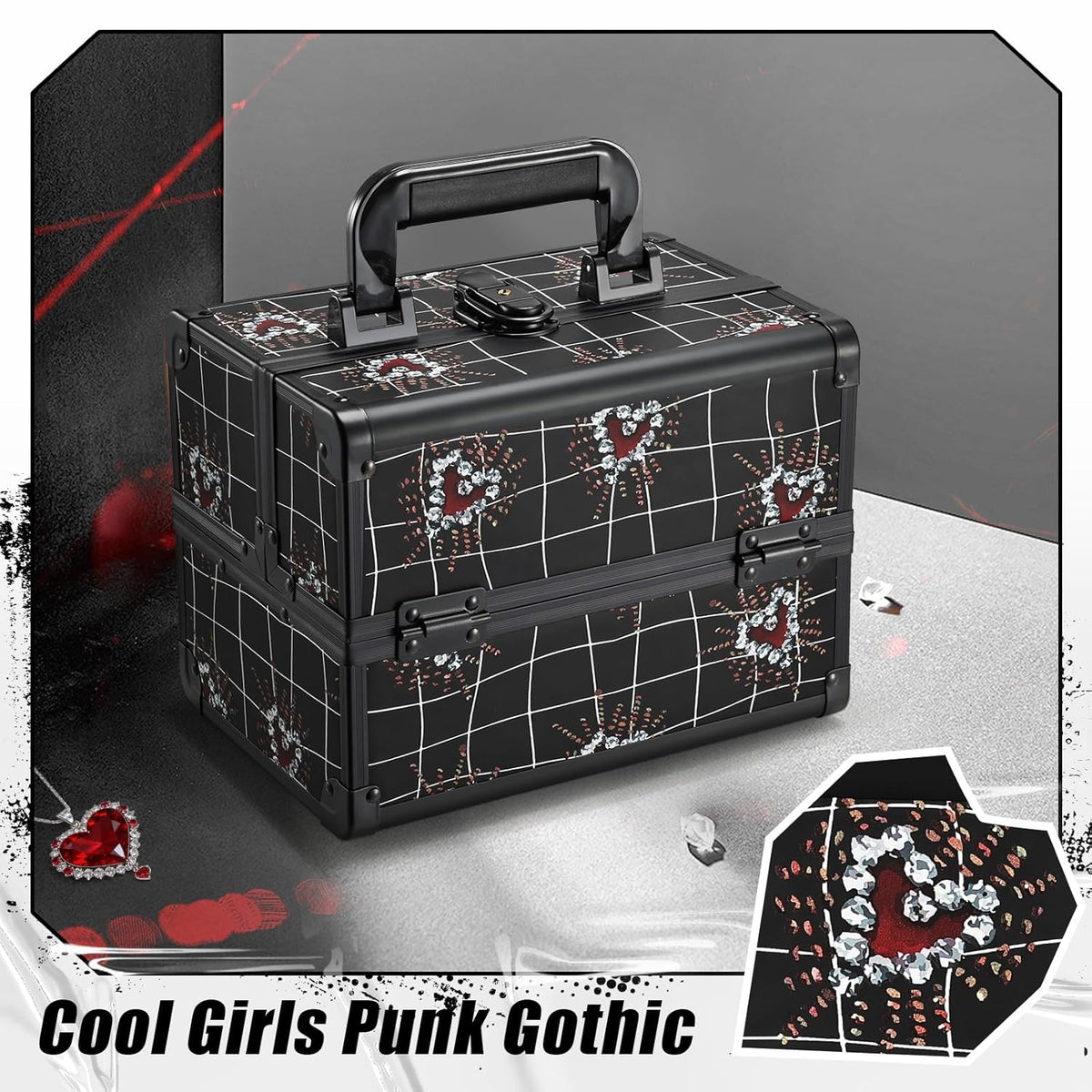 Joligrace Makeup Train Case Portable Makeup Case Organizer 2 Trays Cosmetic Box Storage with Mirror Lockable with Key for Cosmetics Nail Tech Traveling Makeup Travel Box Punk Love Hearts