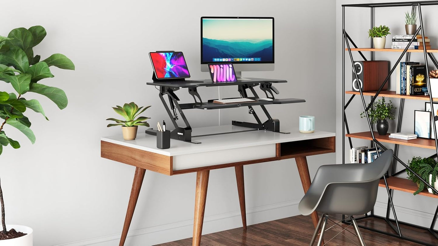 Mount-It! 38 Inch Standing Desk Converter - Gas Spring Sit Stand Desk Riser for Dual Monitors - Height Adjustable Desktop Workstation with Keyboard Tray - Black