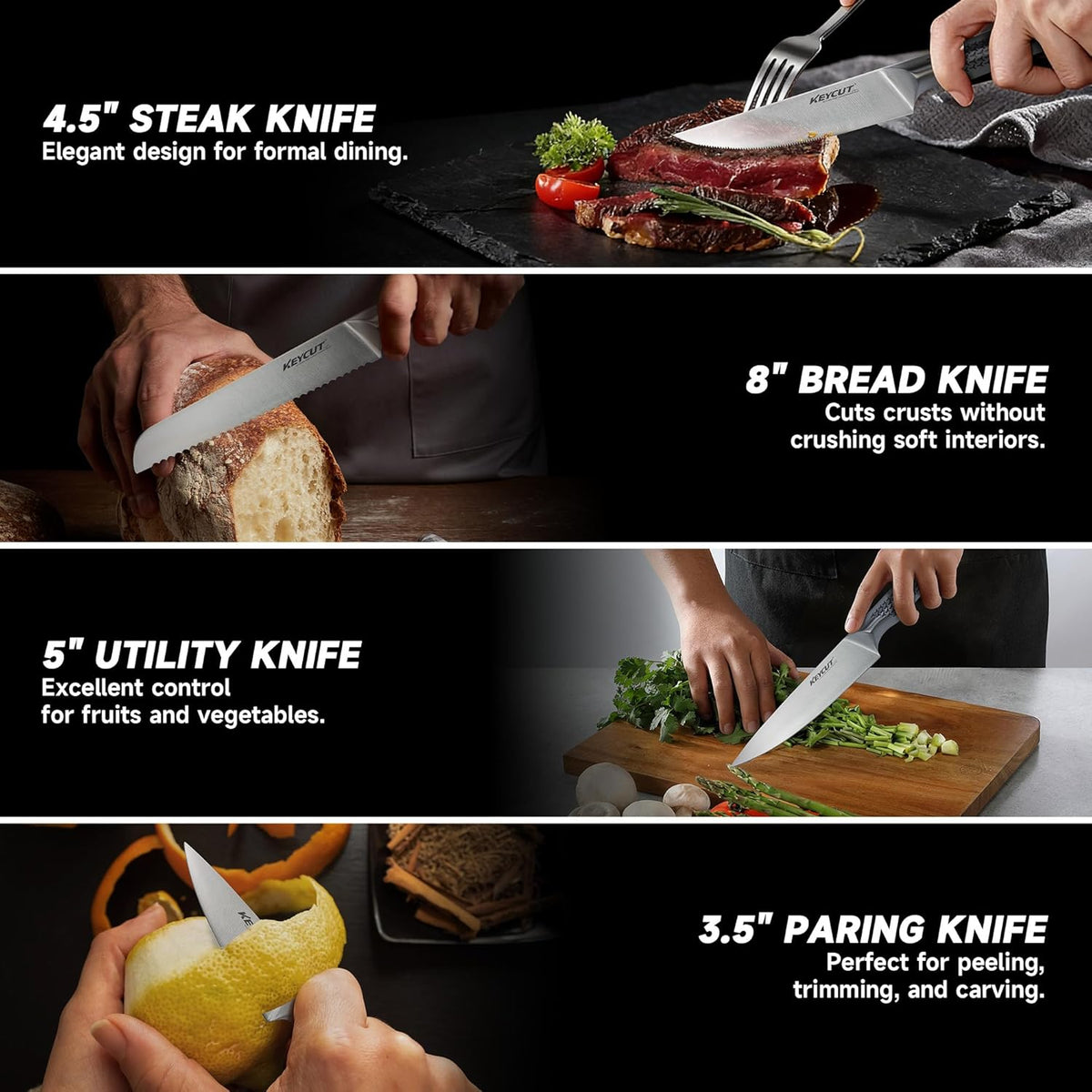 KEYCUT 13 PCS Knife Set with Block, Upgraded 5Cr15Mov High Carbon Stainless Steel Kitchen Knife Sets with Block and Sharpener, Ergonomic Full-Tang Handle, Professional Kitchen Knife Set