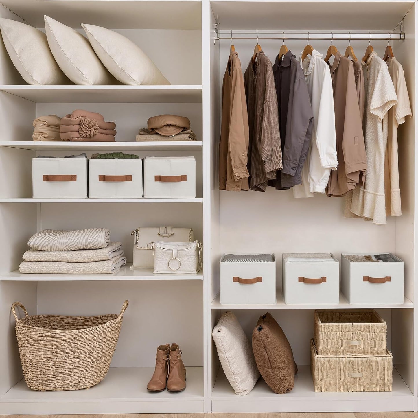 StorageWorks Closet Storage Bins with PU Handles, Ivory White, Small | Closet Organizer Storage Baskets for Shelves, Fabric Organization and Storage, Foldable Closet Organizer for Clothes
