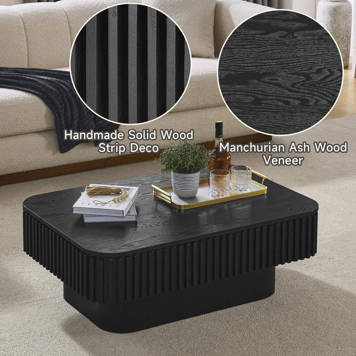 Lift Top Coffee Table for Living Room,Rectangle Handmade Solid Wood Strips, Fluted Coffee Table with Hidden Storage Compartment for Small Space Office Apartment (38.6"L×26.8''W×13.8''H-Black)