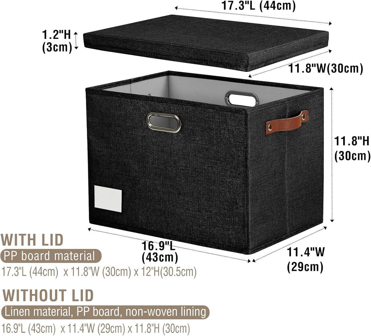 Roobyl 17" Large Fabric Storage Box with Lids, 3-Pack, Black