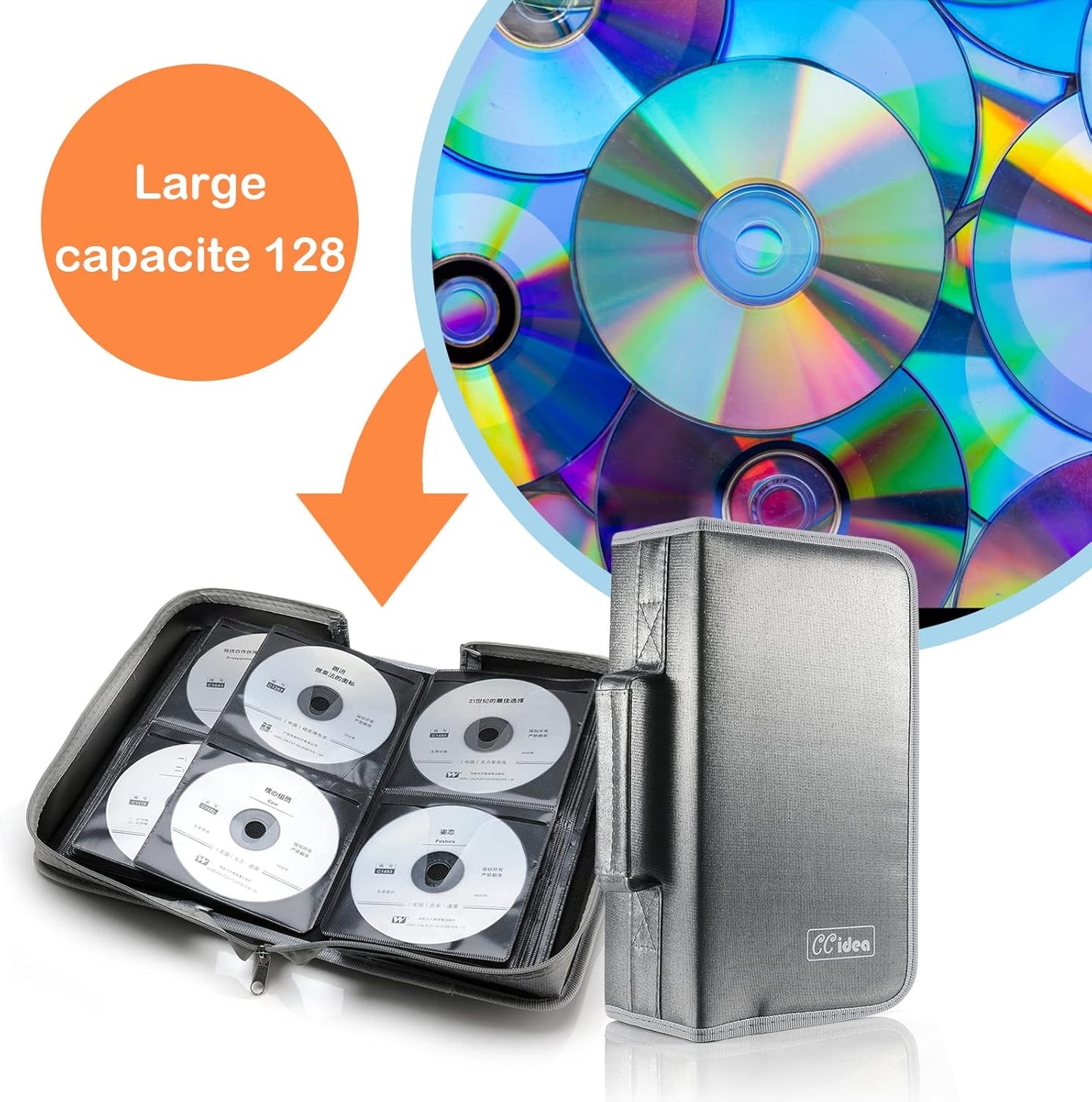 CCidea CD Case DVD Storage Holder, 128 Capacity DVD Cases Organizer CD Plastic Protective Carrying Binder,Portable Cd Wallet for Home Travel (Gray)