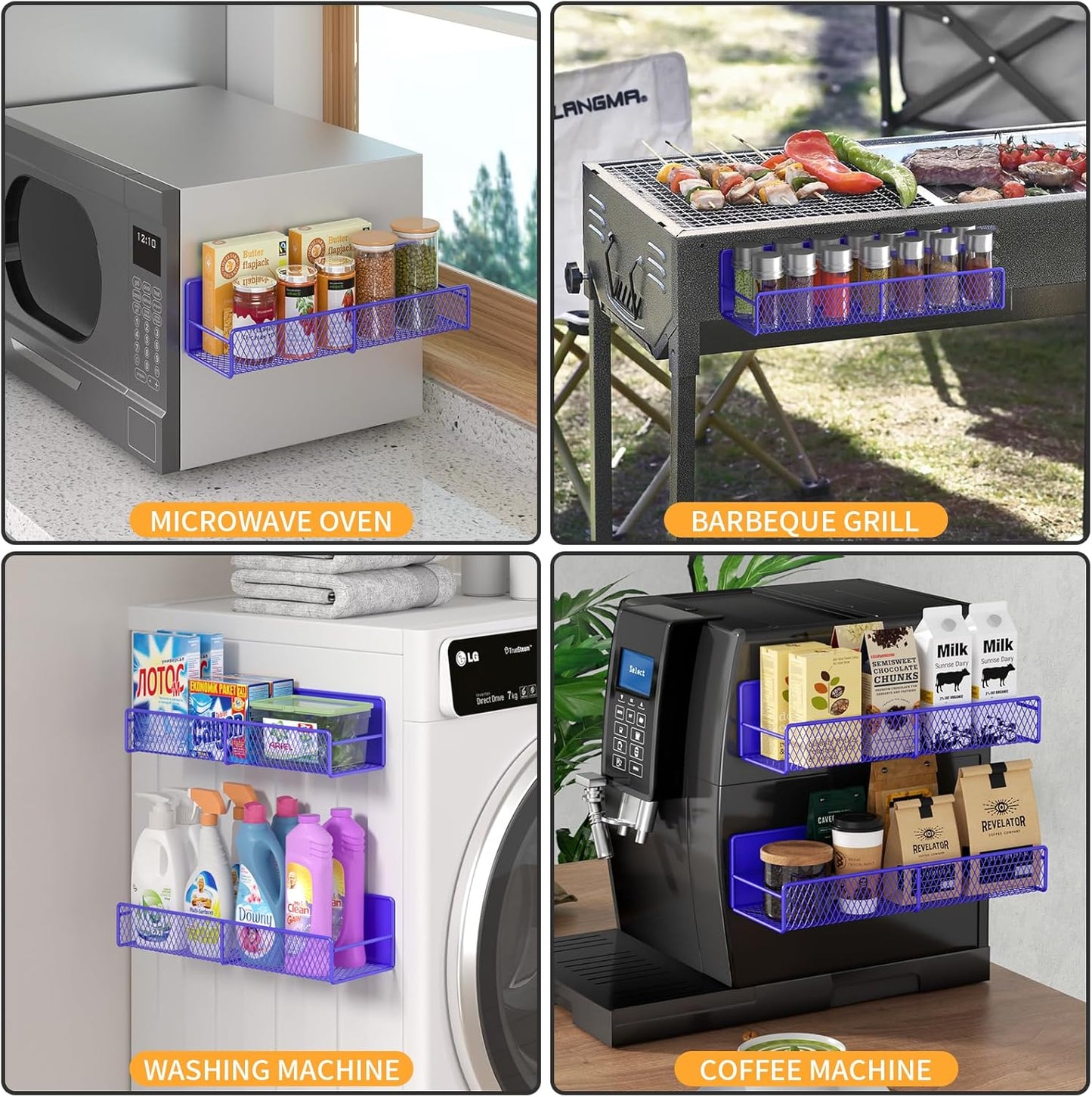 DTUQYX Magnetic Spice Rack for Refrigerator, 4 Pack 100% Metal Strong Magnet Fridge Shelves, Space Saving Spice Organizer, No Drilling Home Kitchen Laundry Room Storage Organization, Purple Blue