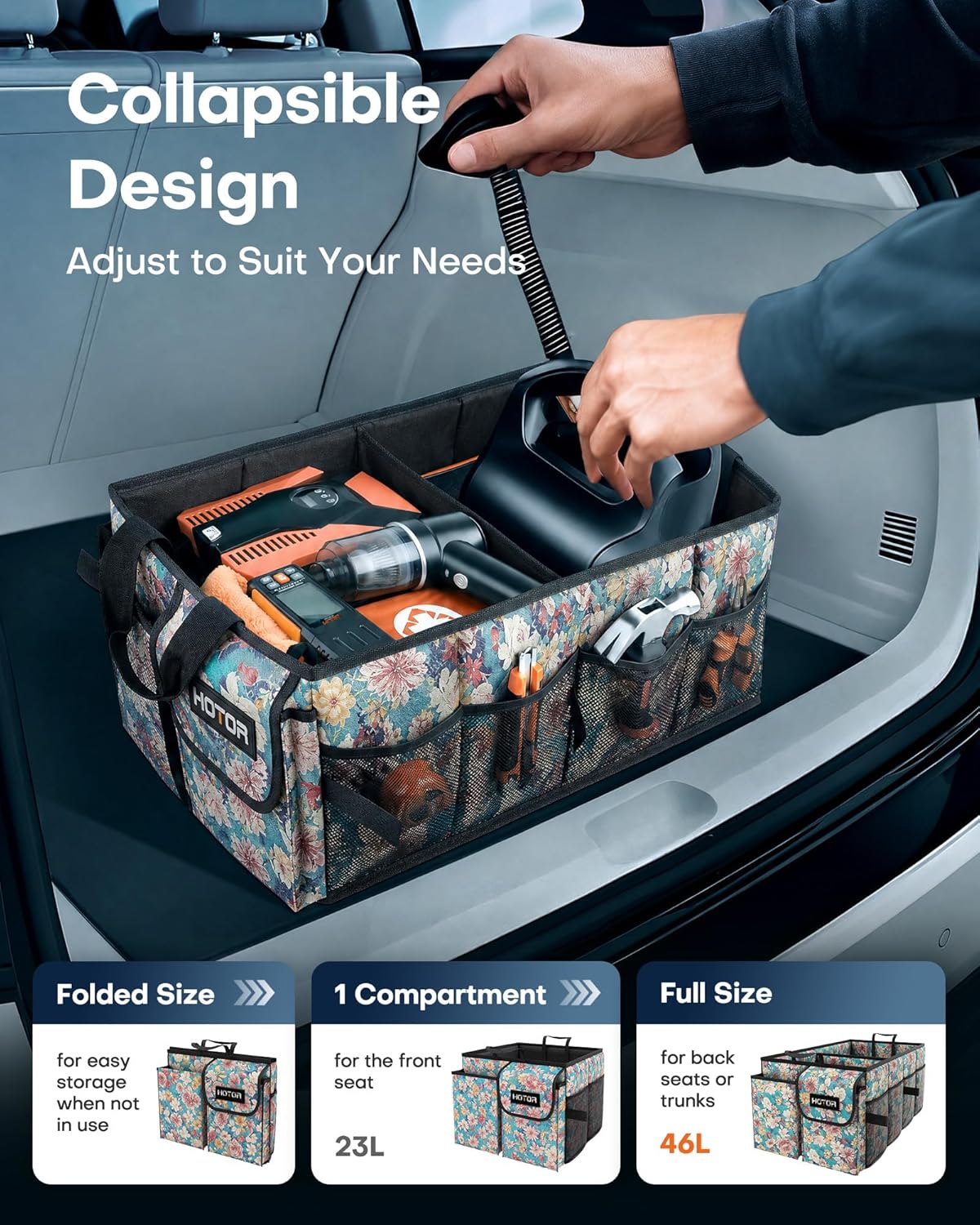 HOTOR Trunk Organizer- Car Organizer, Foldable Trunk organizer for SUVs & Sedans, Sturdy Car Organization for Car Accessories, Tools, Sundries, Blue Flower, 2 Compartments, 21.3"×12.6"×10.6"