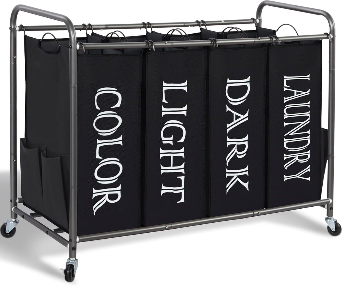 STORAGE MANIAC Laundry Sorter 4 Section, 47.8 Gal (181 L) Laundry Hamper with Wheels, Clothes Divider Basket Sorter, Clothes Separator Hamper Cart with Wheels and Removable Bags, Label Black