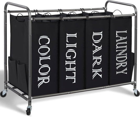 STORAGE MANIAC Laundry Sorter 4 Section, 47.8 Gal (181 L) Laundry Hamper with Wheels, Clothes Divider Basket Sorter, Clothes Separator Hamper Cart with Wheels and Removable Bags, Label Black
