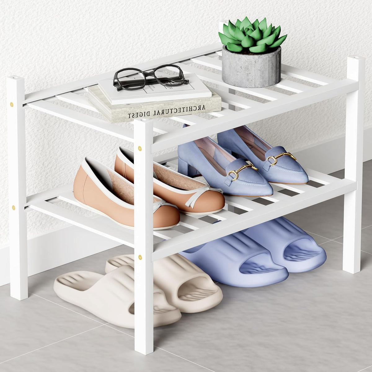 Smiry Bamboo Shoe Rack for Closet, 2 Tier - 17.32" Wide, White