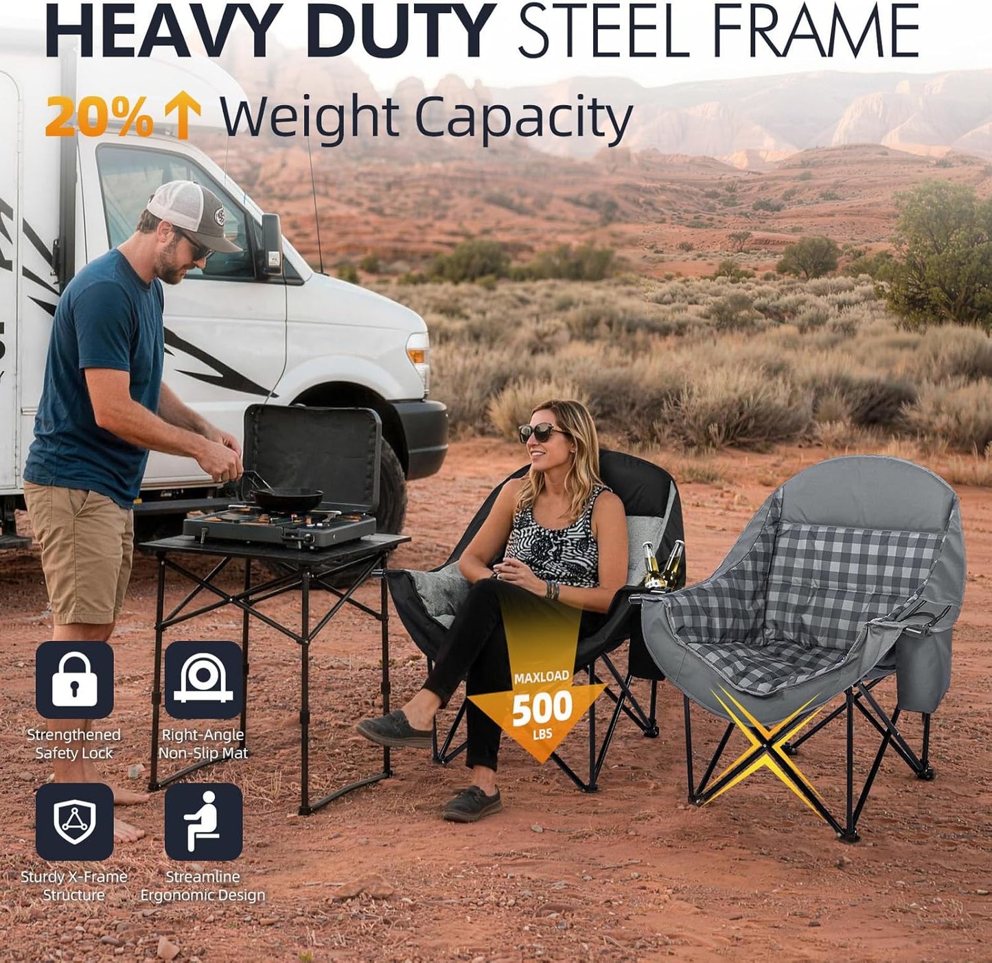 Oversized Camping Chair for Adults - Heavy Duty Outdoor Padded Large Lawn Camp Chair with Cup Holder Cooler Pockets for Sports Beach Fishing Garden Portable Supports 500lbs, Black/Grey 2 Pack