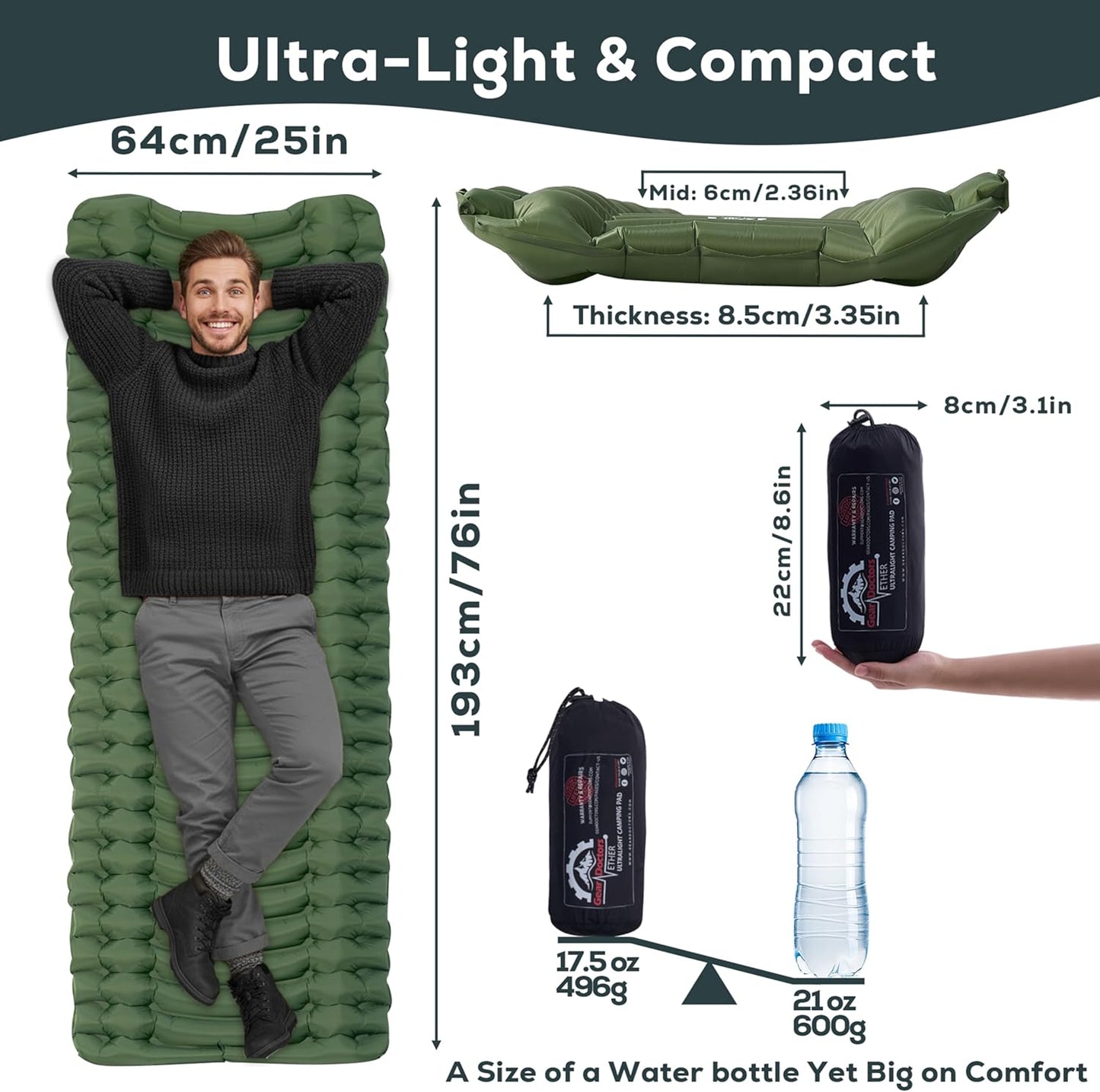 Gear Doctors® Ether 17.5oz Ultralight Camping Sleeping Pad – Backpacking Air Mattress – Camping Mattress Pad – Compact Inflatable Sleeping Mat for Backpacking, Comfortable Outdoor Hiking, Tent, Travel