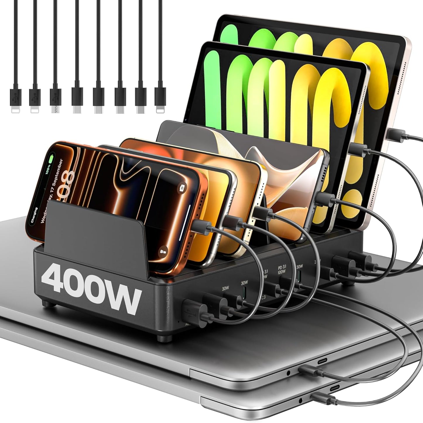 400W Charging Station for Multiple Devices,Dual PD 100W Multi USB C Charging Station with 8 Cable,10 Port Charger Station for MacBook iPhone iPad Laptop Cell Phone Android Tablet-Black