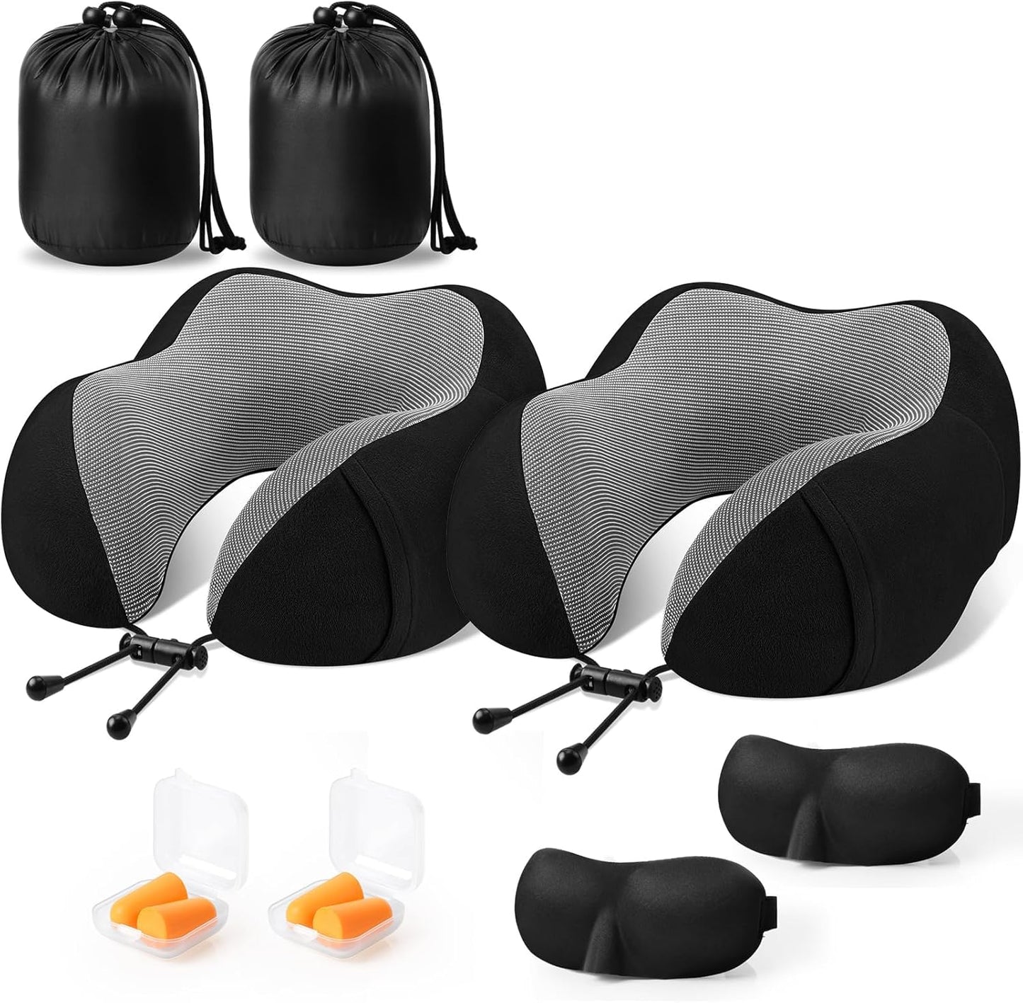 CloudBliss Travel Pillow for Airplane, Set of 2 Memory Foam Neck Pillow for Travel, Travel Neck Pillow for Long Flight, Car & Office, Trip Accessories with Eye Mask, Earplugs, Carry Bag, Black & Black